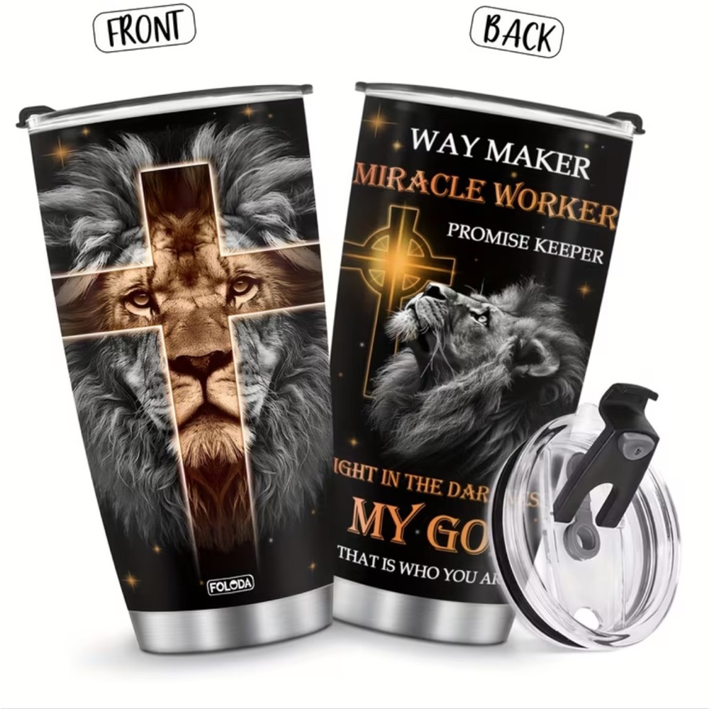 Lion Design Tumbler with Cross - Black and Gold